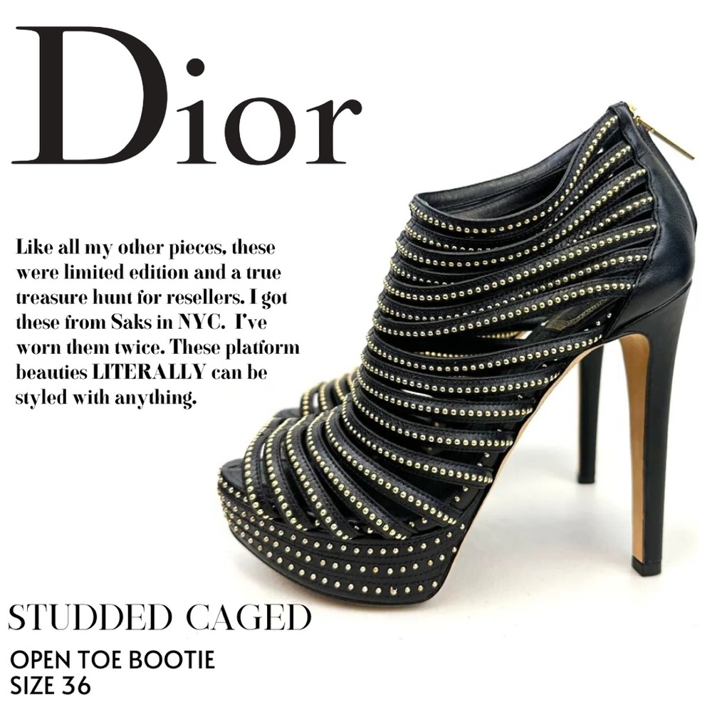 Christian Dior Navy Blue Leather Gold Studded Caged Bootie.